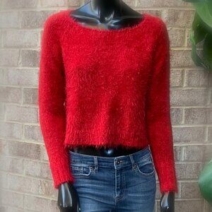 Decree Fuzzy Eyelash Knit Long Sleeve Boatneck Cropped Sweater Sz M